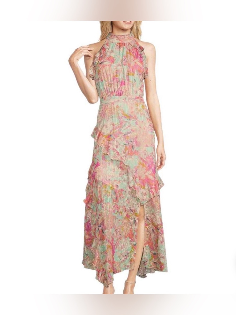 Alex Marie Fiona Watercolored Floral Print Halter Maxi Dress, size 10P